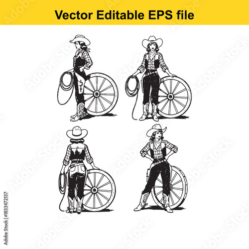 collection of four vintage style cowgirl illustrations in black and white line art, each posing with a large wagon wheel and holding a lasso, perfect for western theme projects