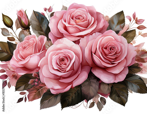 Pink rose bouquet PNG for Valentine cards, white background