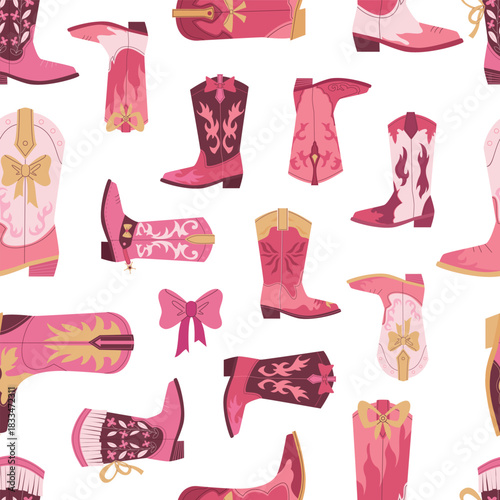 Groovy Retro Cowgirl Boots pattern. pink boots with ribbon, western vintage antique nostalgic funky boots. vector cartoon flat seamless pattern.