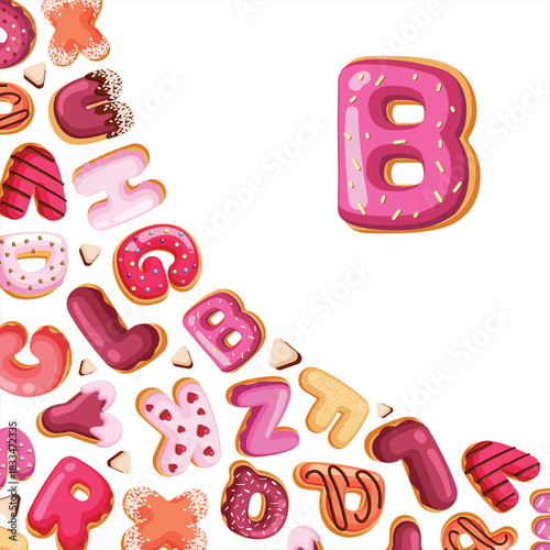 tasty alphabet background. delicious font, holiday festive font type. vector cartoon flat corner shaped background.