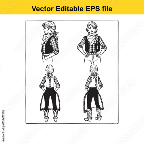 black and white vector illustration showing a cowgirl character from four different angles profile, front, and two rear views, suitable for western theme designs