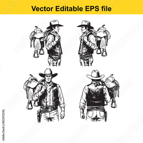 collection of four vector illustrations depicting cowboys in western attire, shown from front and back views, each standing next to a horse saddle, isolated on white background