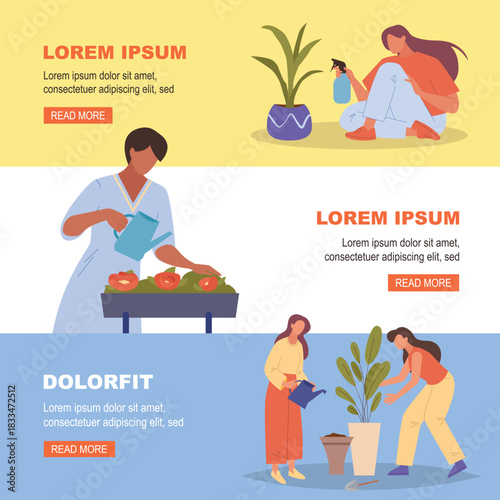 women watering flowers. gardening, nurturing plants, fostering blossoms, growing plants. vector cartoon flower care banners.