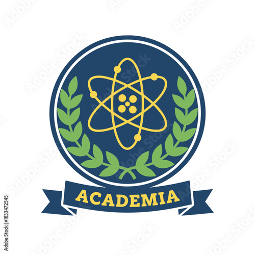Circular Emblem With Atomic Symbol Laurel Wreath And Academia Text On Dark Background Ideal For Educational Institutions And Scientific Organizations