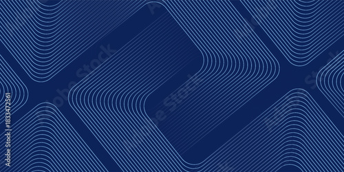 Abstract blue background with blue glowing diagonal geometric lines. Modern shiny blue rounded rectangle lines pattern. Minimalist graphic design. Futuristic technology concept.