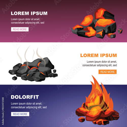 burning embers banner. smoldering coal briquette glowing in fireplace, hot black coals for grill and barbecue, ash warm pieces. vector cartoon flat horizontal banners