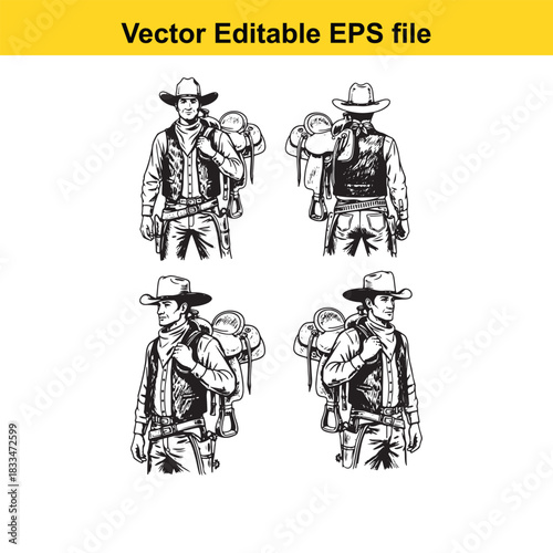 collection of four black and white vector illustrations depicting cowboys from front and back views, each carrying a saddle, perfect for western theme design elements