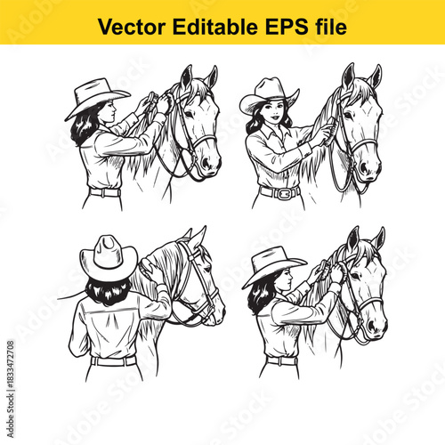 vector editable eps file featuring four black and white line art illustrations of cowgirls grooming or holding the reins of their horses, presented in a set