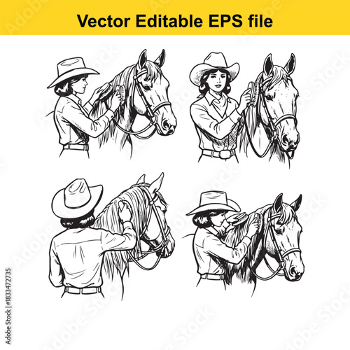 collection of four vector illustrations depicting cowgirls grooming and interacting affectionately with their horses, showing closeup head and shoulder views