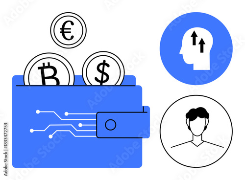 Cryptocurrency concept. Cryptocurrency wallet with Bitcoin, Euro, and Dollar symbols digital currencies. Cryptocurrency finance, blockchain innovation, and futuristic financial technology. Ideal