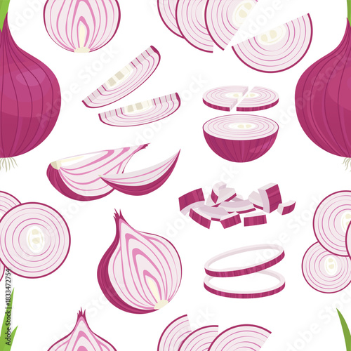 onion pattern. onion stems, half, slices, fresh vegetables, proper nutrition. vector cartoon seamless pattern.