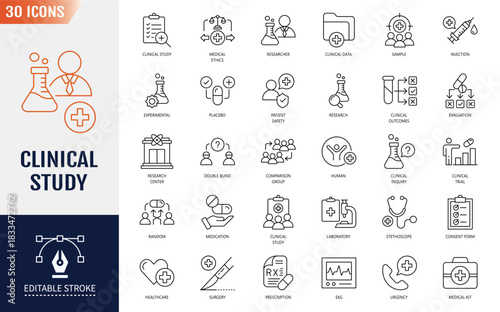 Clinical Study icon set. Research, clinical trial, laboratory, researcher, consent form, medication, experimental, analysis, clinical data and more. Vector illustration