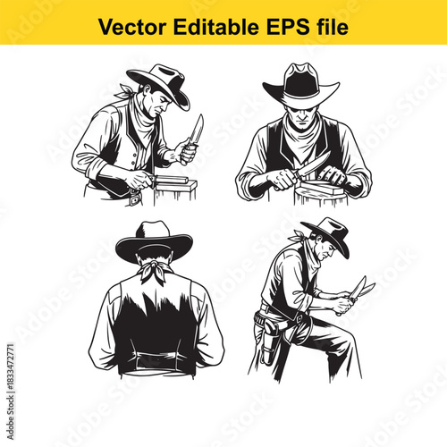 collection of four black and white vector illustrations depicting cowboys sharpening knives from different angles, showcasing western theme and detailed attire