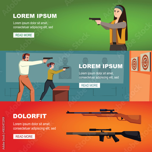 shooting gallery banners. Practicing Shooting Skills At Indoor Range, characters in ear protection, aiming a rifle. vector cartoon banner.