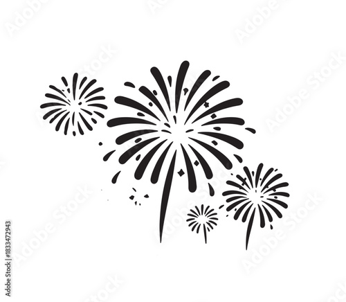 Stylized black and white graphic illustration of multiple bursting fireworks explosions, isolated on white background, perfect for celebration and festive design 