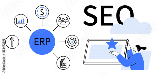 ERP systems, business management tools, data integration, automation, SEO, digital marketing. Central ERP hub, connected elements SEO text with icon designs. ERP systems business management tools