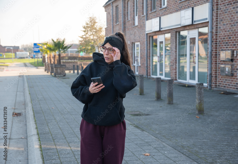 Fototapeta premium Woman experiencing trouble or discomfort while checking her smartphone on a city sidewalk, dealing with a problem, feeling confused, concerned, sad, or looking for something missing