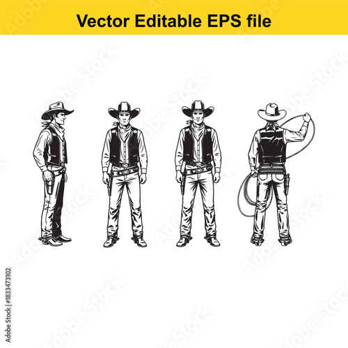 set of four cowboy figures in different poses, including one holding a lasso, presented as a vector editable eps file illustration