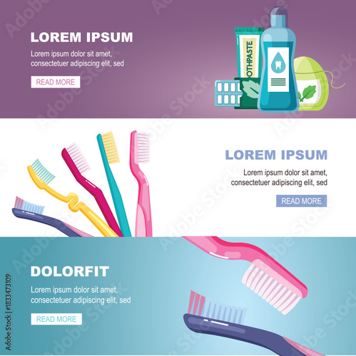 teeth care items. oral tooth routine banner, Toothbrush, Toothpaste, Floss, healthy smile every day. vector cartoon banners set.