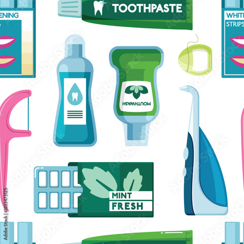 teeth care pattern. oral tooth routine, Toothbrush, Toothpaste, Floss, healthy smile every day. vector cartoon seamless pattern.