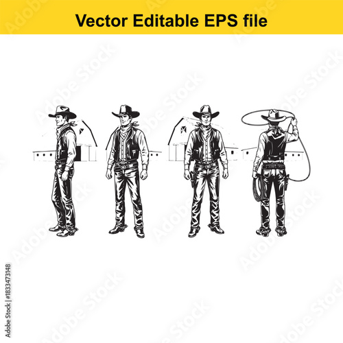 set of four vintage style cowboy character illustrations showing different poses and actions, vector editable eps file, isolated on white background