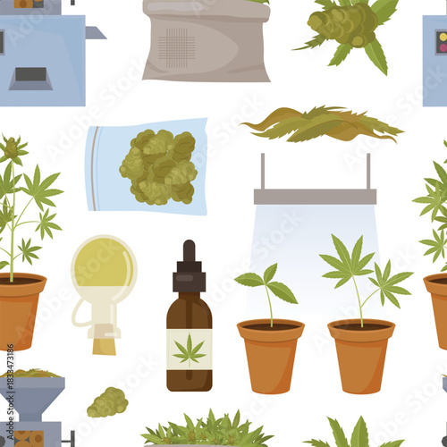 growing cannabis pattern. smoke and consumption weed, Hemp Drug, marihuana cultivation concept. vector cartoon seamless pattern.