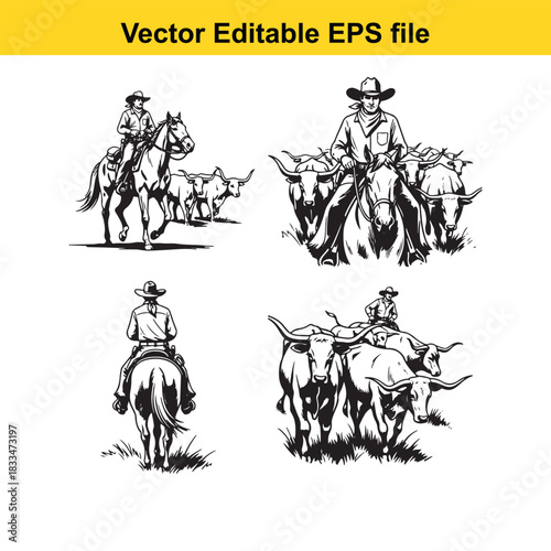 vector editable eps file featuring four black and white illustrations of cowboys herding longhorn cattle on horseback, suitable for western theme designs