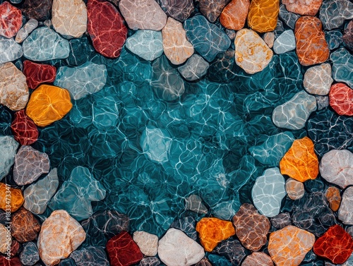 A top-down view of colorful rocks surrounding rippling water with light reflections, creating a vibrant and natural pattern.