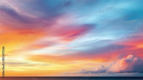 A vibrant and colorful sky filled with clouds at sunset. The sky is painted with shades of orange, pink, blue, and purple.