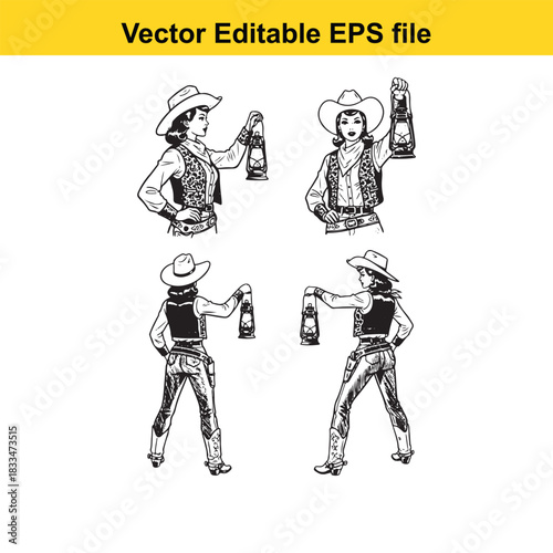 set of four vintage vector illustrations depicting cowgirls in western attire holding lanterns, shown from front and back views, isolated on white background