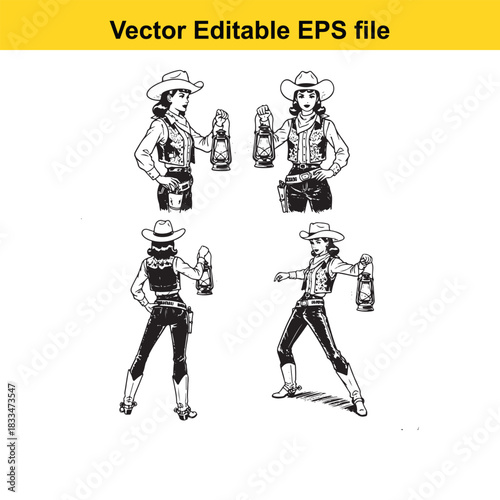 set of four black and white vector illustrations depicting a cowgirl in different poses, each holding a lantern, suitable for vintage western design elements