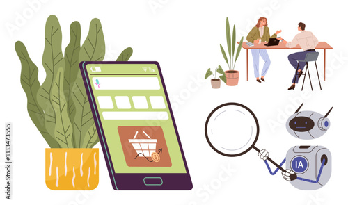 Mobile app with shopping cart, AI robot analyzing with a magnifying glass, potted plants, two people discussing at a table. Ideal for e-commerce, AI, technology, innovation, teamwork online retail