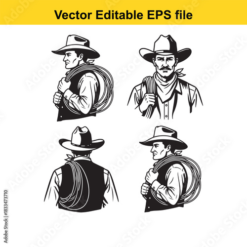 set of four vector illustrations depicting cowboys wearing hats and bandanas, each holding a coiled rope over their shoulder, presented in various profile and frontal views