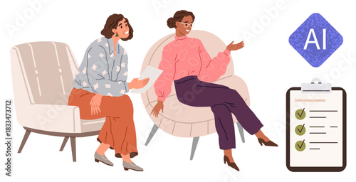 Two women seated on modern chairs discuss a project while referencing a checklist and AI element. Ideal for teamwork, collaboration, technology integration, planning, brainstorming, productivity