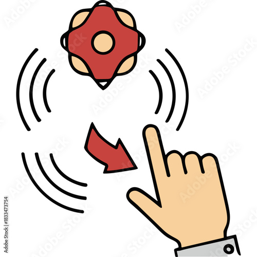 Close up of Human Hand Cursor Interacting with Red Spin Wheel Element Rotating Motion Against Black Background with Swirling Effect and Red Arrow Symbol