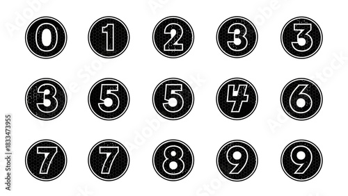 Collection of retro black and white number icons from zero to nine in circles