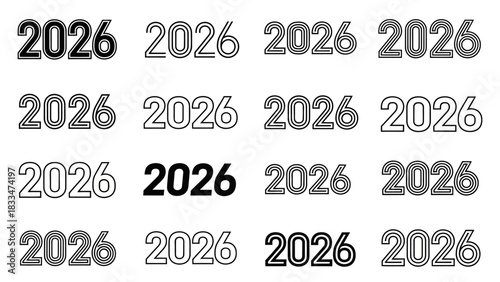 Diverse 2026 Numerals in Varied Styles on White Background for Graphic Resources