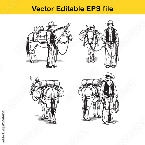 collection of four black and white vector illustrations depicting cowboys or prospectors with pack mules loaded with gear, suitable for western or historical themes