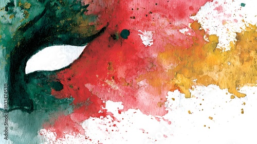 Abstract watercolor artwork featu a partial face with a vibrant splash of red, yellow, and green on a crisp white background creates depth.