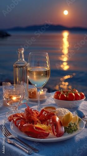 Futuristic geometric minimalism - Romantic Sunset Dinner with Lobster and Wine by the Sea - abstract composition