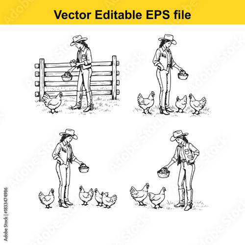 four black and white vector illustrations depicting a farmer or rancher feeding chickens near a wooden fence, suitable for farm or poultry related content