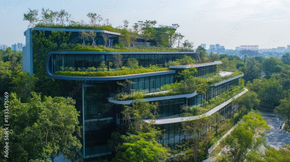 Obraz premium a modern architectural marvel blending seamlessly with nature, showing a commitment to sustainable design and green building innovation initiative