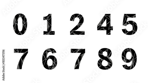 Shattered black number set, design element for infographics and presentations, modern fractured