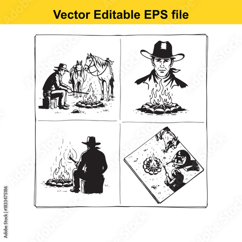 a fourpanel black and white vector illustration depicting various scenes of cowboys sitting by a campfire, including one with a horse and another showing a map