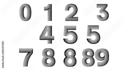 Stripped Numbers Set Featuring Modern Typographic Design in Black and White
