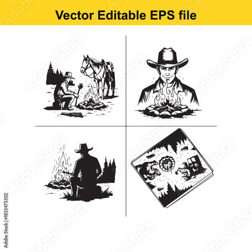 collection of four black and white vector illustrations depicting cowboy life, including a portrait, campfire scene, and a playing card design, perfect for western themes