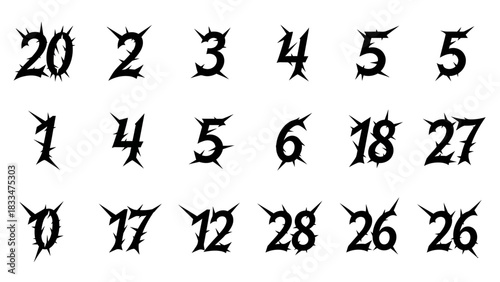Unique Black Number Set with Spikes, Ideal for Gothic and Edgy Designs applications