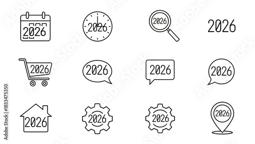 Vector illustration representing the year 2026 in various symbolic and thematic designs