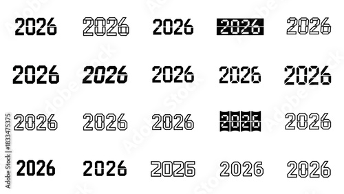 Visual representation of the year 2026 in various stylized font designs