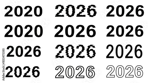 Visual representation of the year 2020 contrasted with multiple styles of 2026 fonts